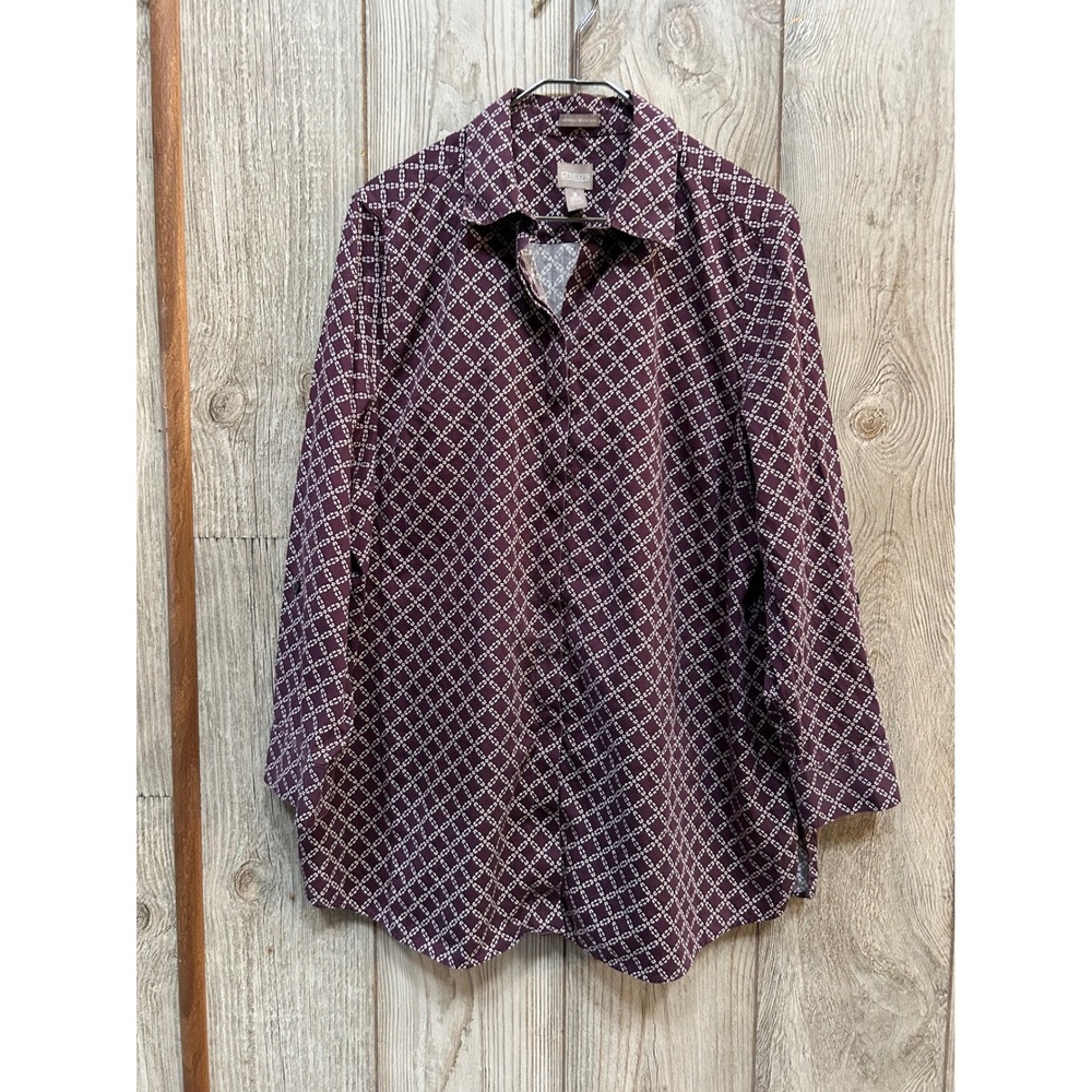 Chicos Size 3 Wrinkle Resistant Cotton Button Down Tunic Burgundy Geometric